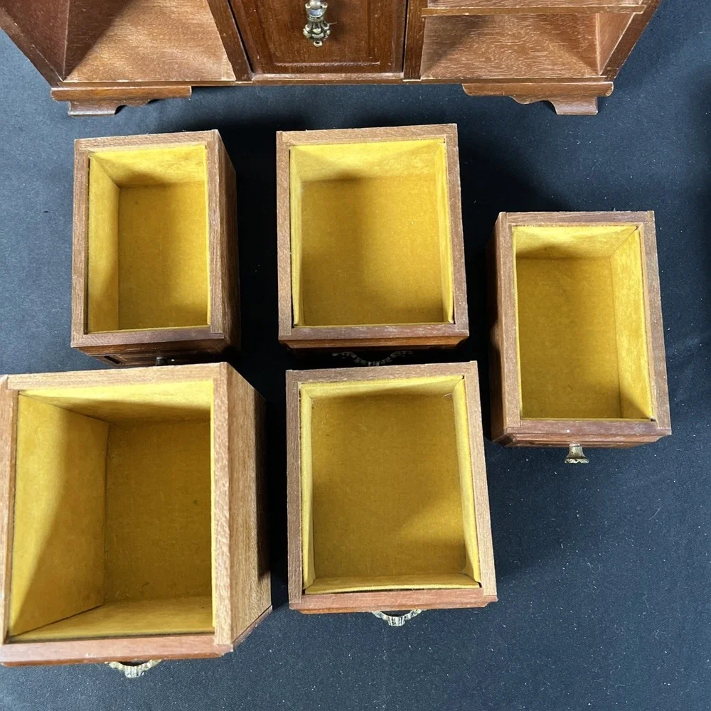 Vintage Wood Music Jewelry Box 5Drawer, Top Lift, Middle Ring Holder‎ - WORKS